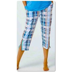 Cuddl Duds Cropped Lounge Pants Plaid Pajama White Blue Size S Small